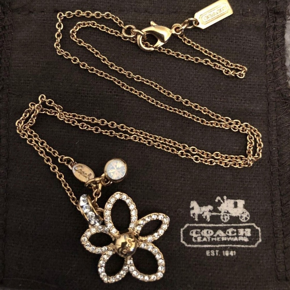 New Coach flower crystals moonstone charm necklace